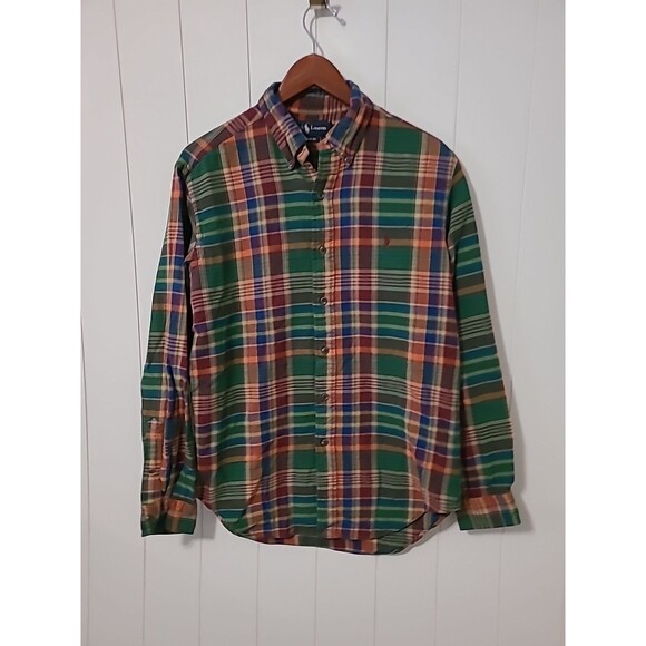 Vintage Polo Ralph Lauren Cotton Flannel Shirt Medium Green Blue Red Plaid 90s - Picture 1 of 11